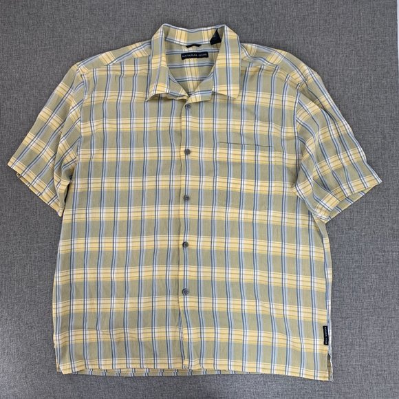Mens Natural Issue Yellow Plaid‎ button Down Shirt Size XL Short Sleeve Collared - Picture 1 of 7